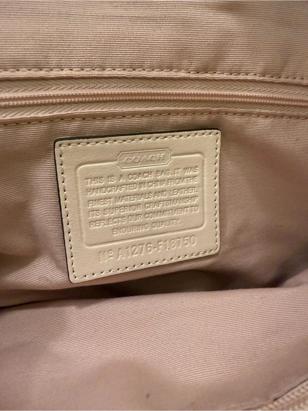 Coach VintageBeige Signature Shoulder Bag with Pale Pink Trim and Yellow Accent